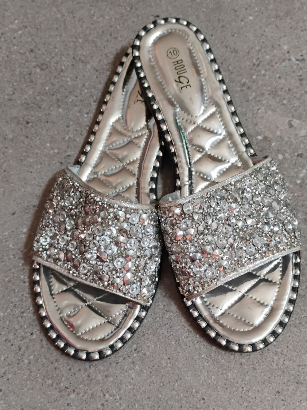 Rouge Helium Silver Crystal Embellished Slide Sandals